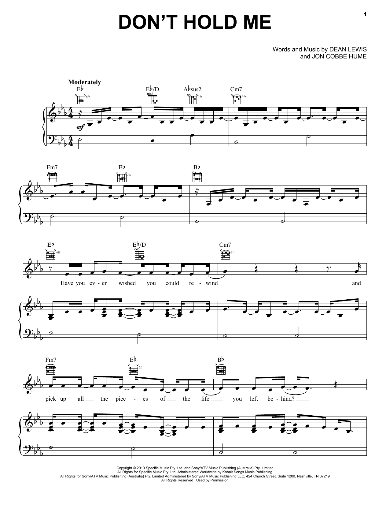 Download Dean Lewis Don't Hold Me Sheet Music