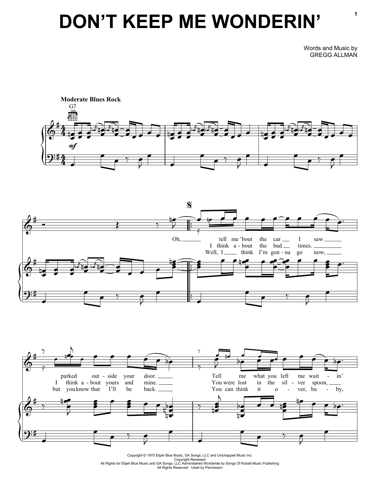 Download The Allman Brothers Band Don't Keep Me Wonderin' Sheet Music