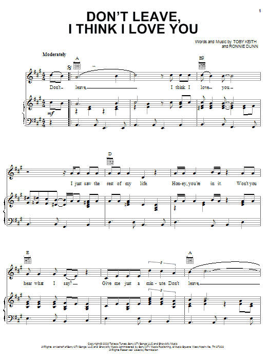 Download Toby Keith Don't Leave, I Think I Love You Sheet Music