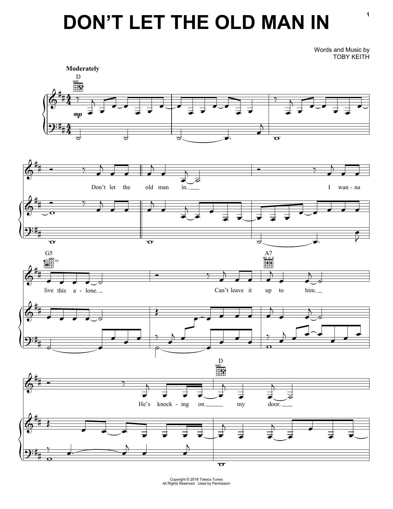 Toby Keith Don't Let The Old Man In sheet music notes printable PDF score