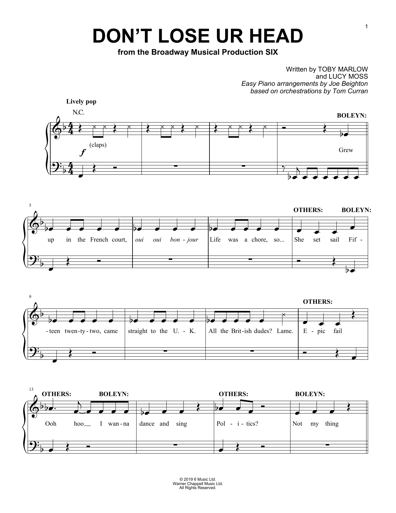 Download Toby Marlow & Lucy Moss Don't Lose Ur Head (from Six: The Music Sheet Music