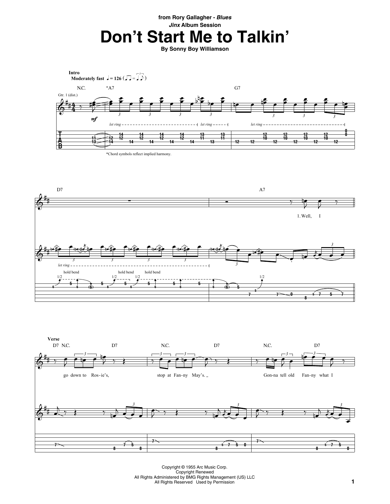 Download Rory Gallagher Don't Start Me To Talkin' Sheet Music