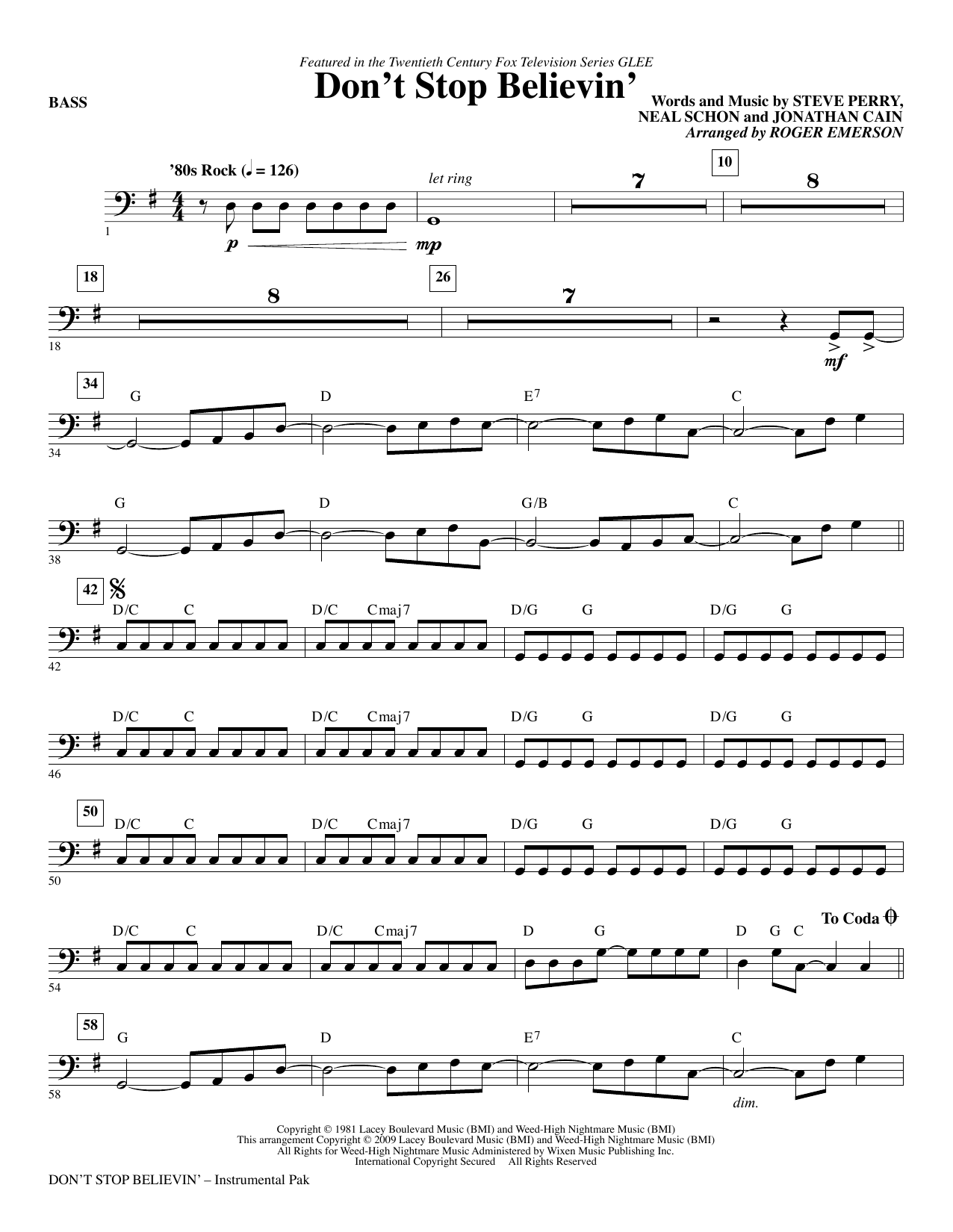 Download Roger Emerson Don't Stop Believin' - Bass Sheet Music