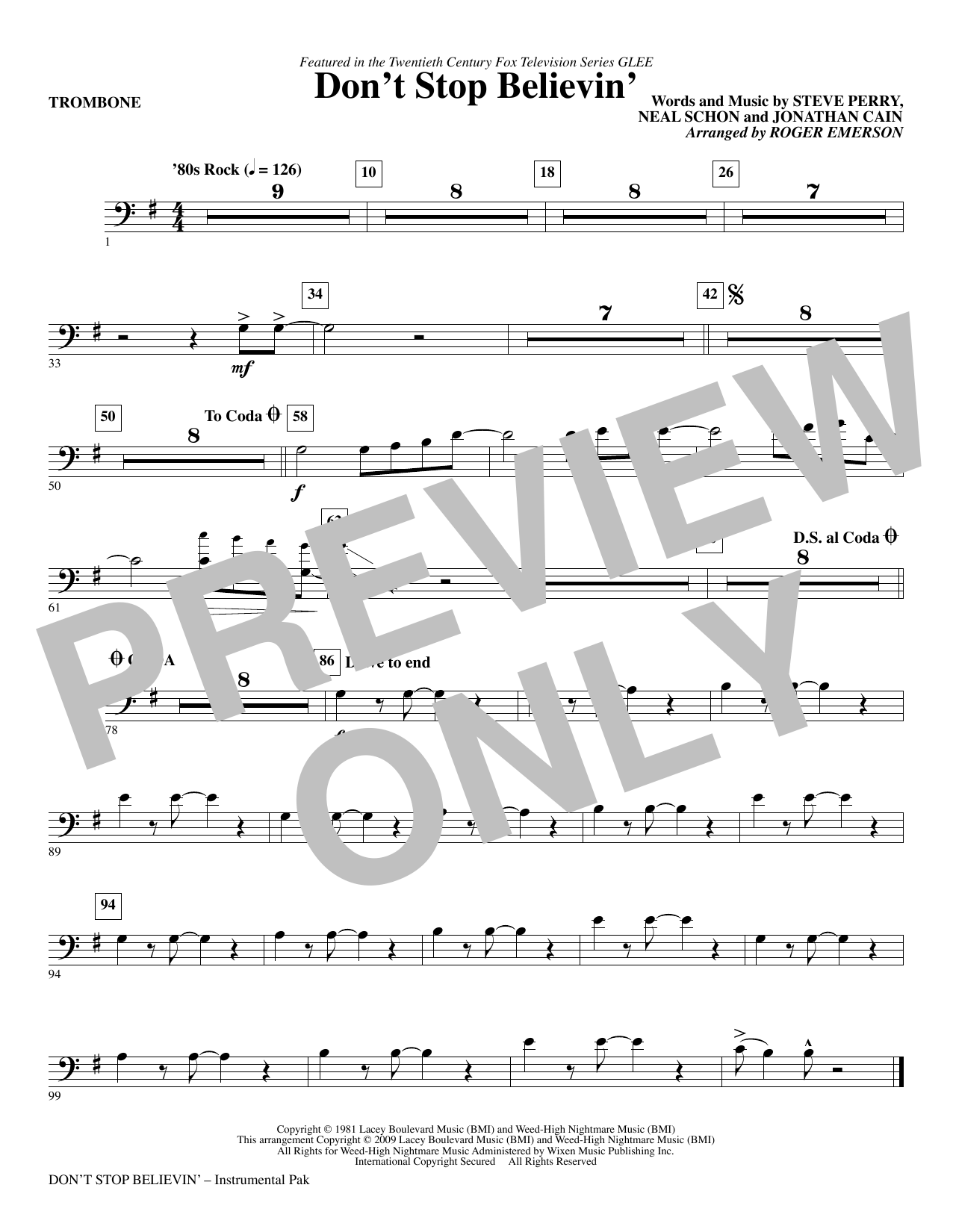 Download Roger Emerson Don't Stop Believin' - Trombone Sheet Music