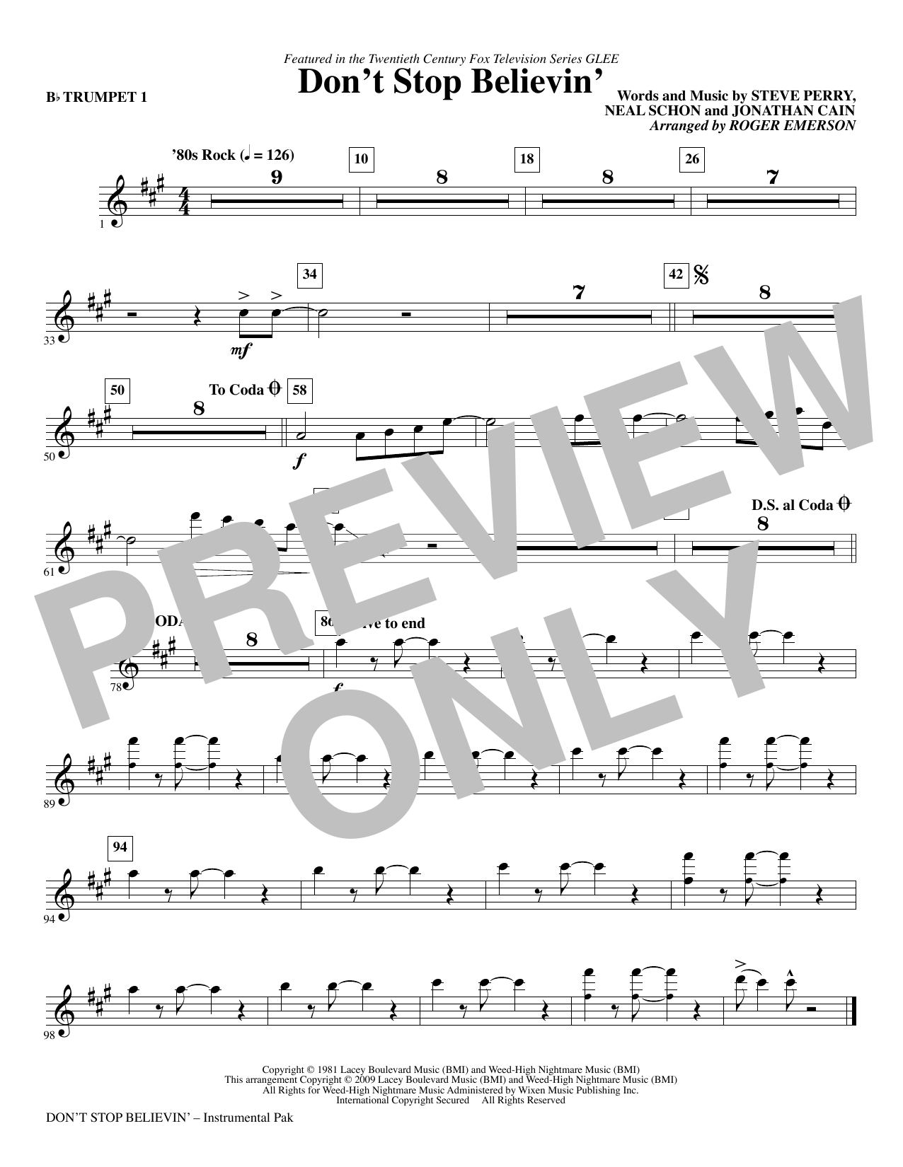 Download Roger Emerson Don't Stop Believin' - Trumpet 1 Sheet Music