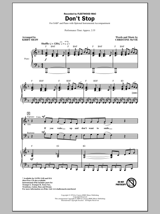 Download Fleetwood Mac Don't Stop (arr. Kirby Shaw) Sheet Music