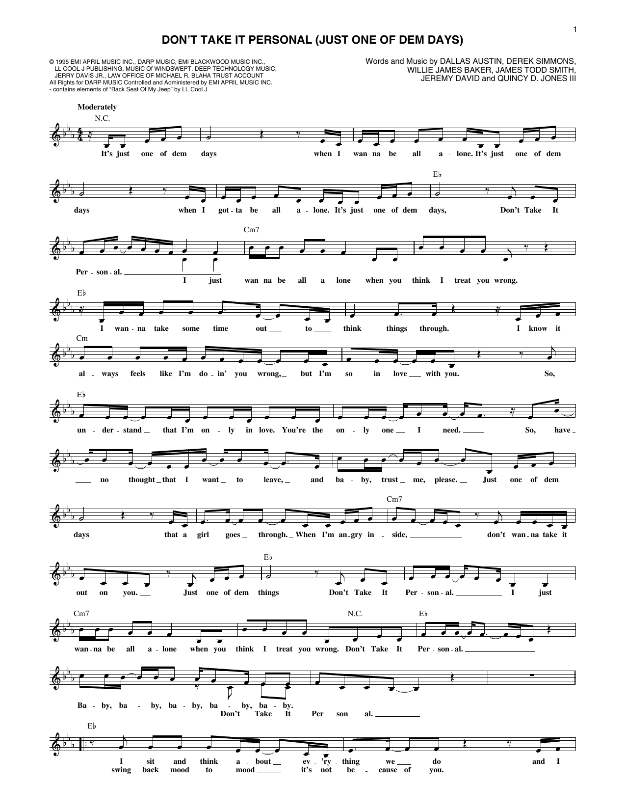 Download Monica Don't Take It Personal (Just One Of Dem Sheet Music