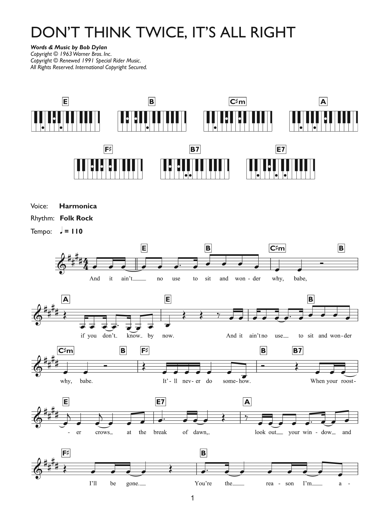 Download Bob Dylan Don't Think Twice, It's All Right Sheet Music