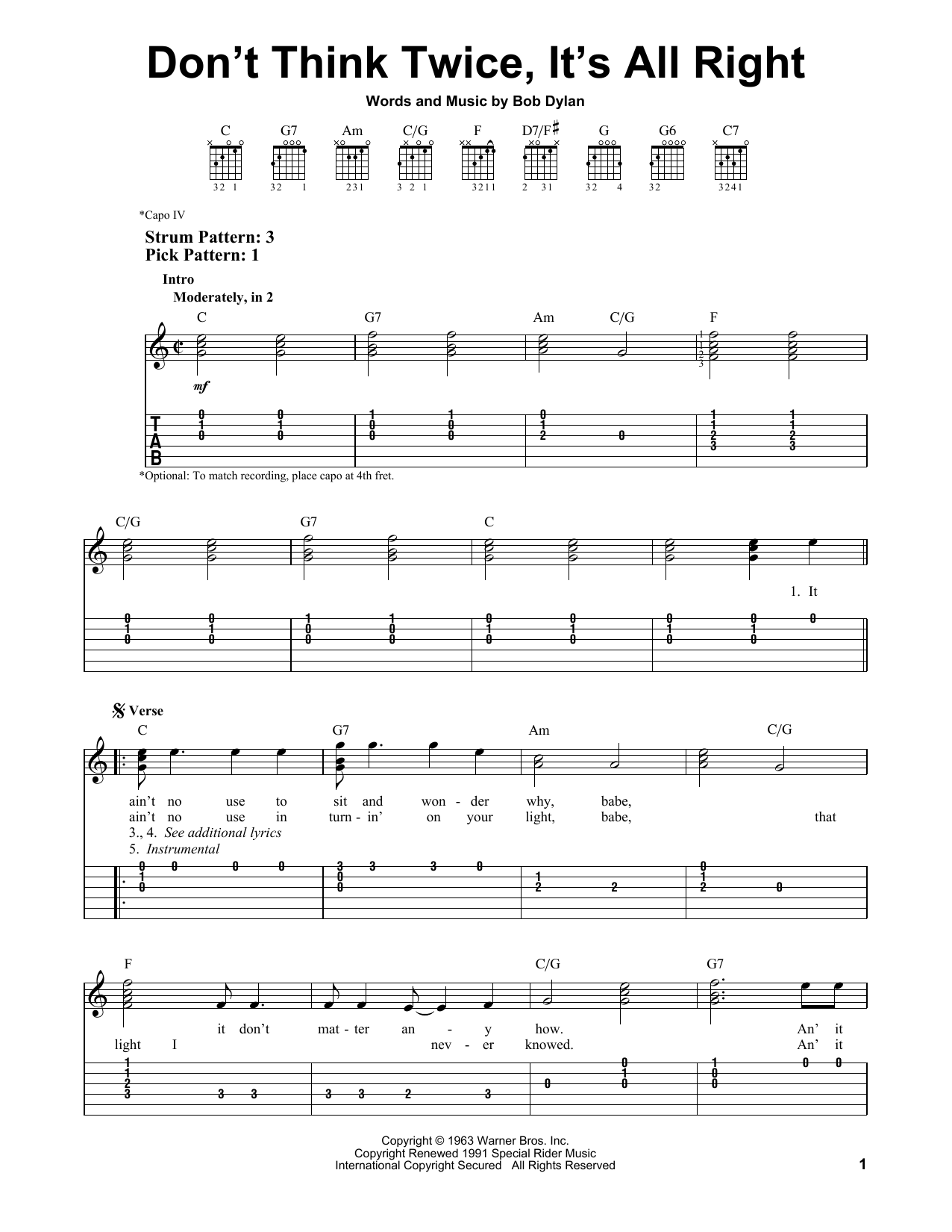Download Bob Dylan Don't Think Twice, It's All Right Sheet Music
