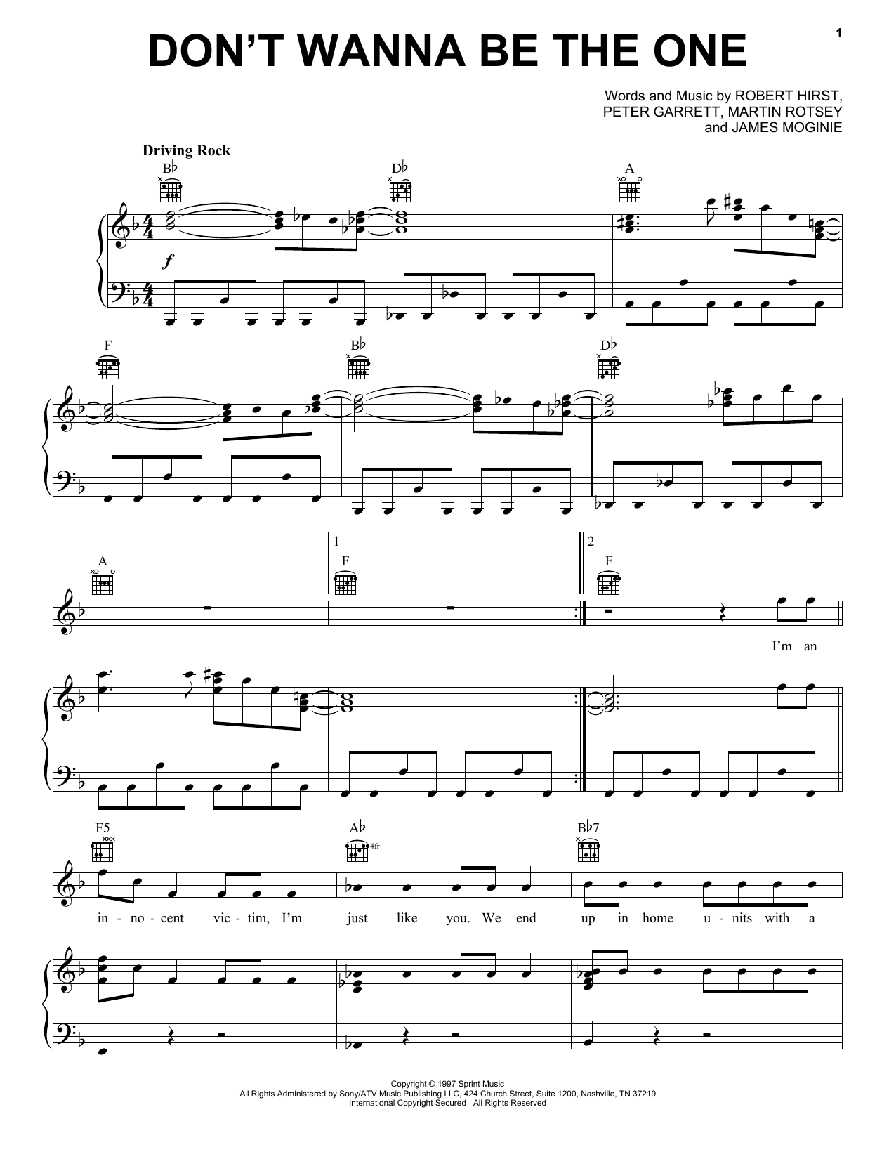 Download Midnight Oil Don't Wanna Be The One Sheet Music