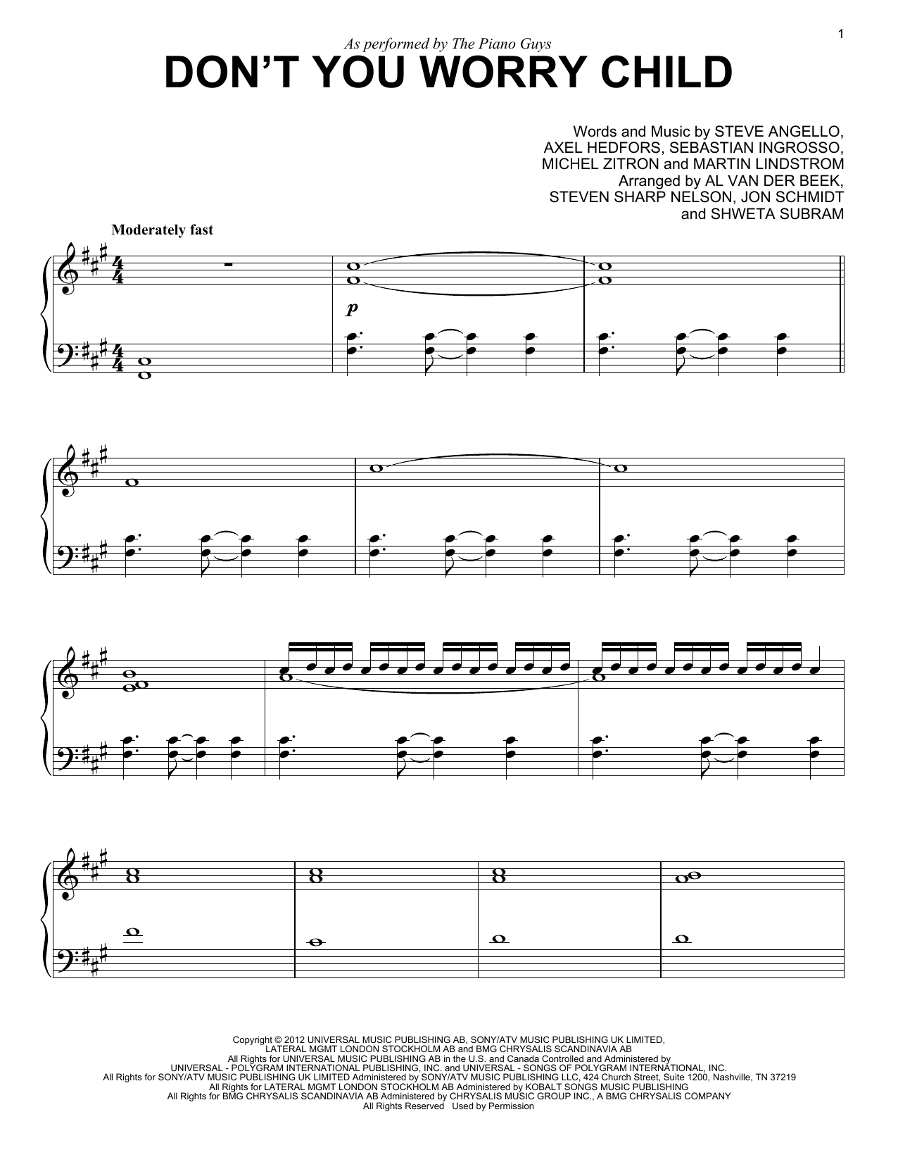 Download The Piano Guys Don't You Worry Child Sheet Music