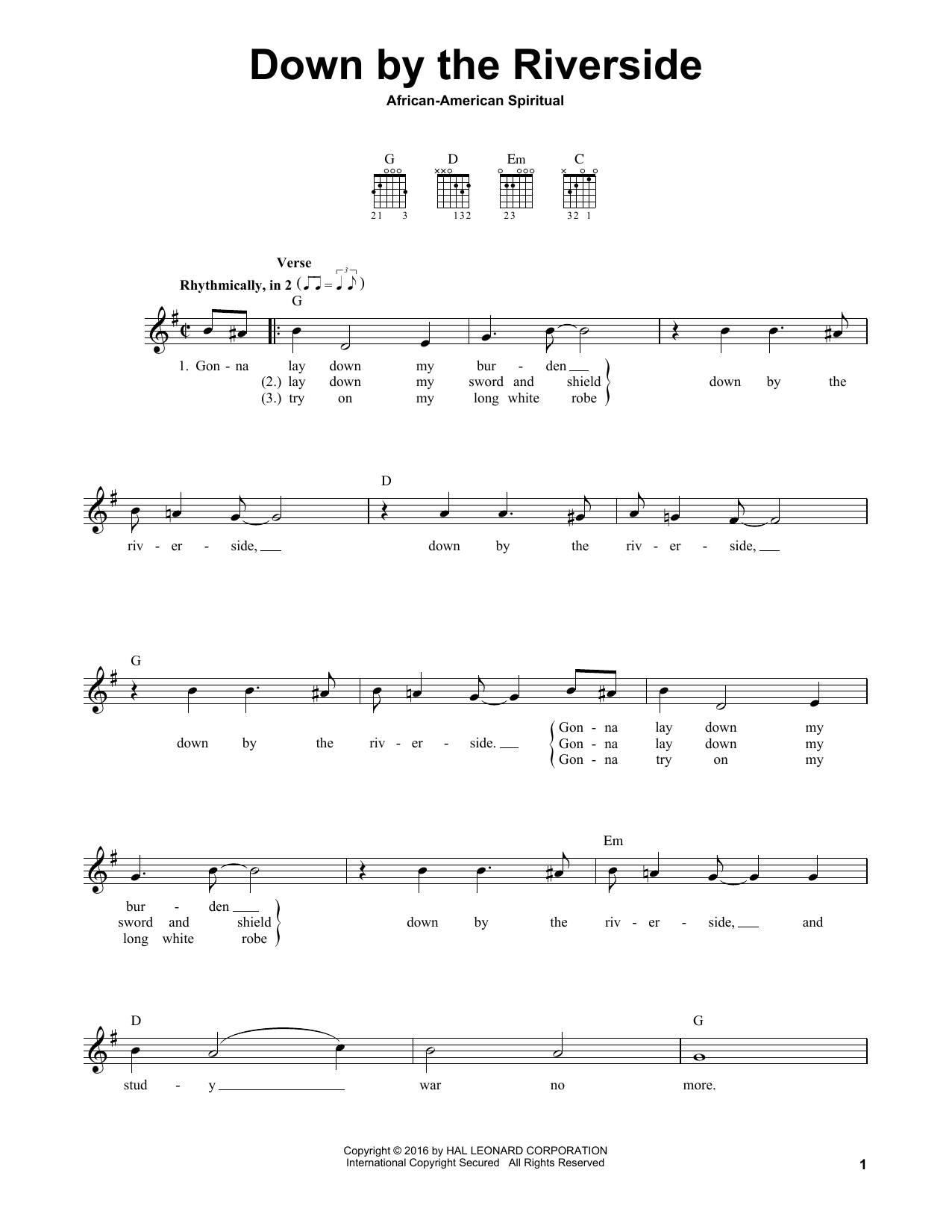 Download African American Spiritual Down By The Riverside Sheet Music