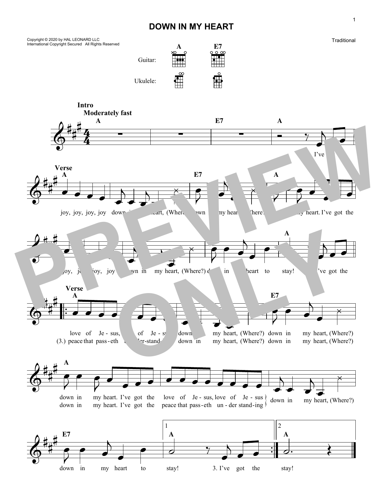 Download Traditional Down In My Heart Sheet Music