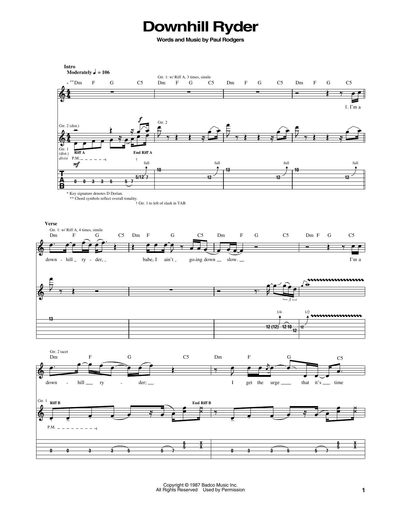 Download Bad Company Downhill Ryder Sheet Music