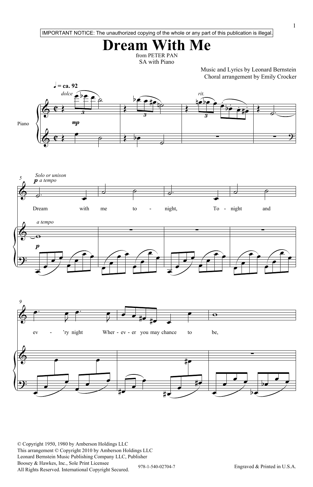 Download Leonard Bernstein Dream With Me (from Peter Pan Suite) (a Sheet Music