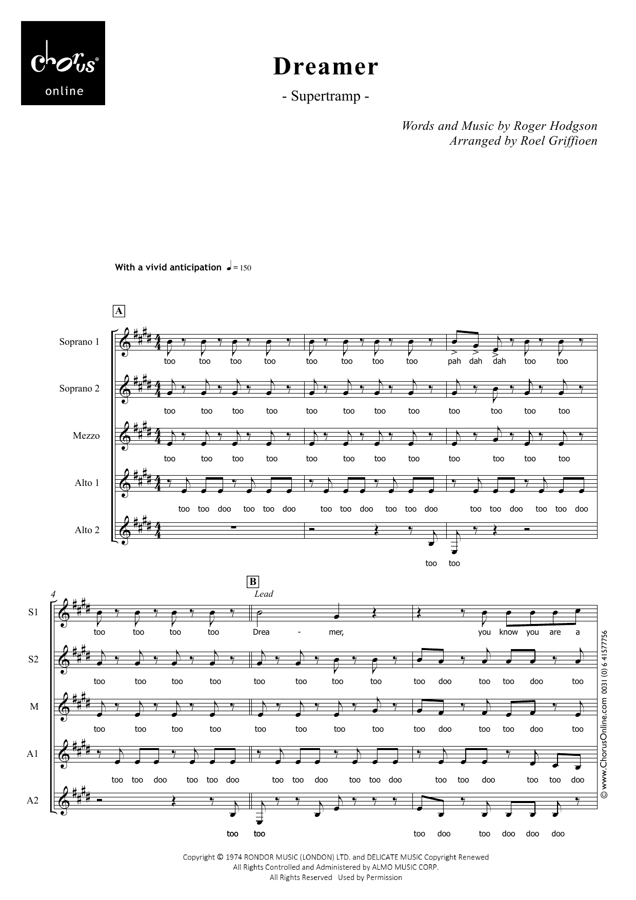 Supertramp Dreamer (arr. Roel Griffioen) sheet music notes printable PDF score