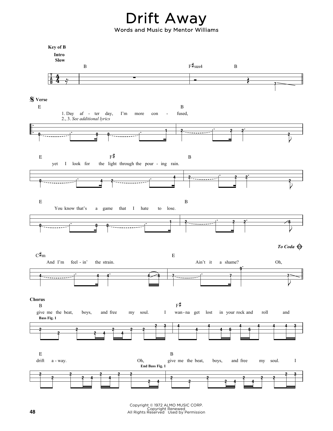 Dobie Gray Drift Away sheet music notes printable PDF score