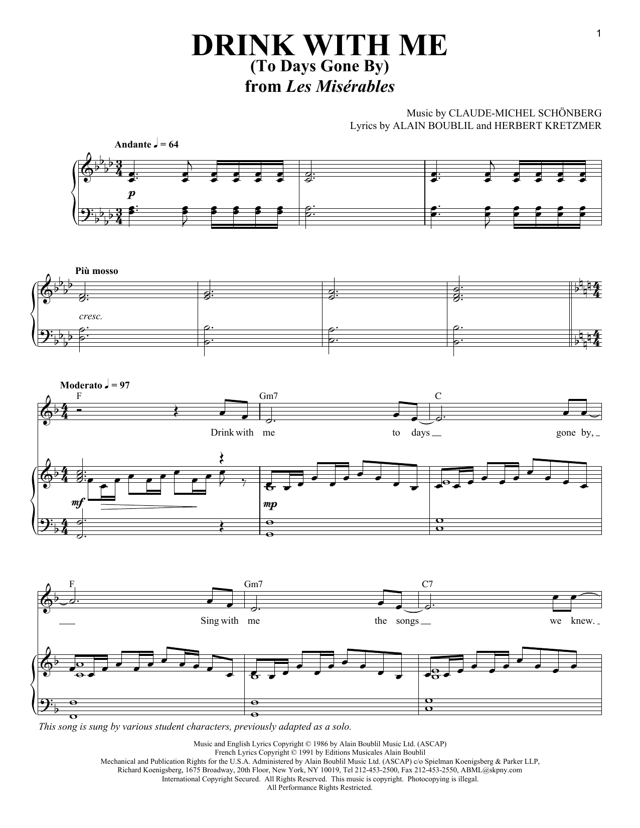Download Boublil and Schonberg Drink With Me (To Days Gone By) Sheet Music