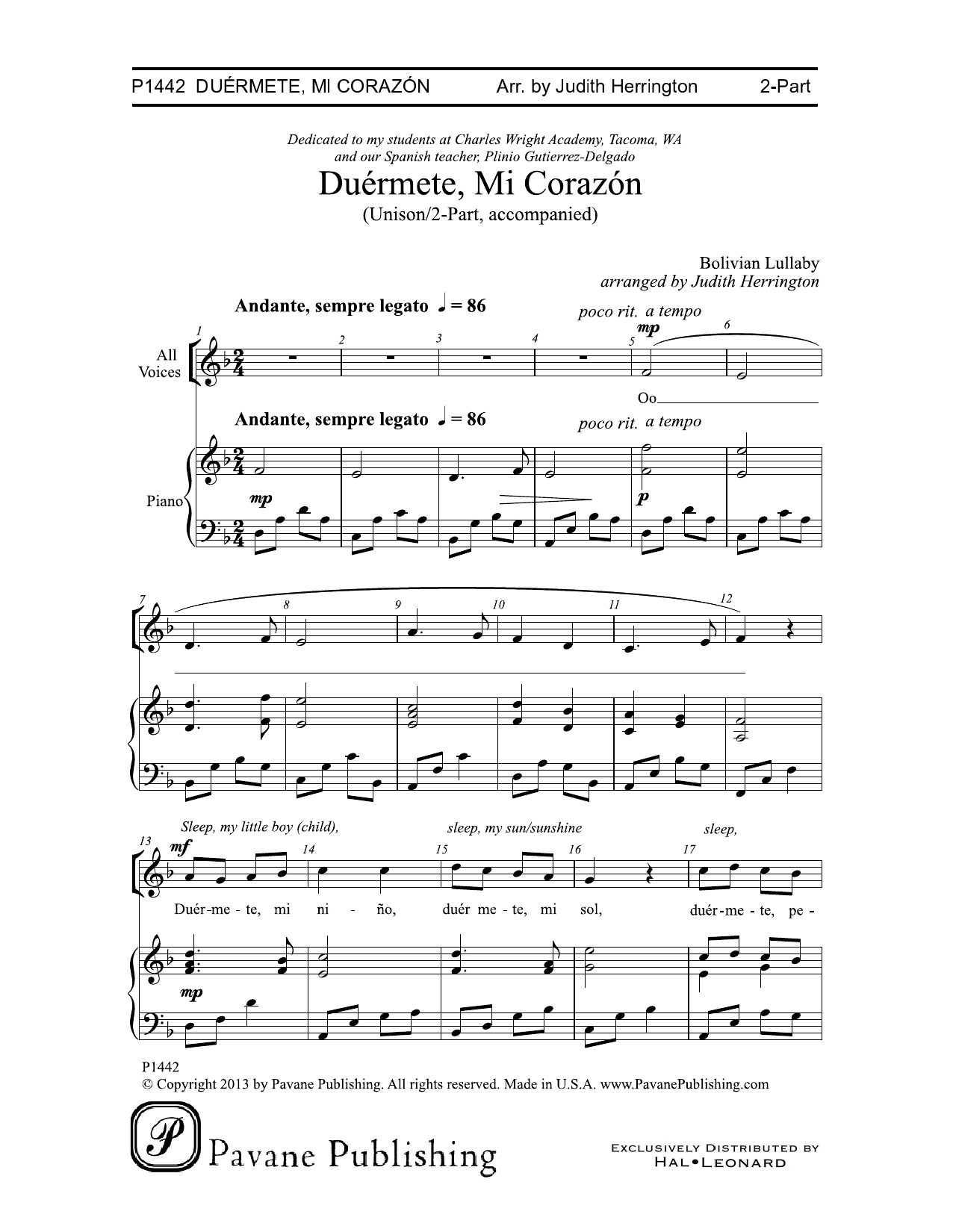 Download Judith Herrington Duermete, Mi Corazon Sheet Music