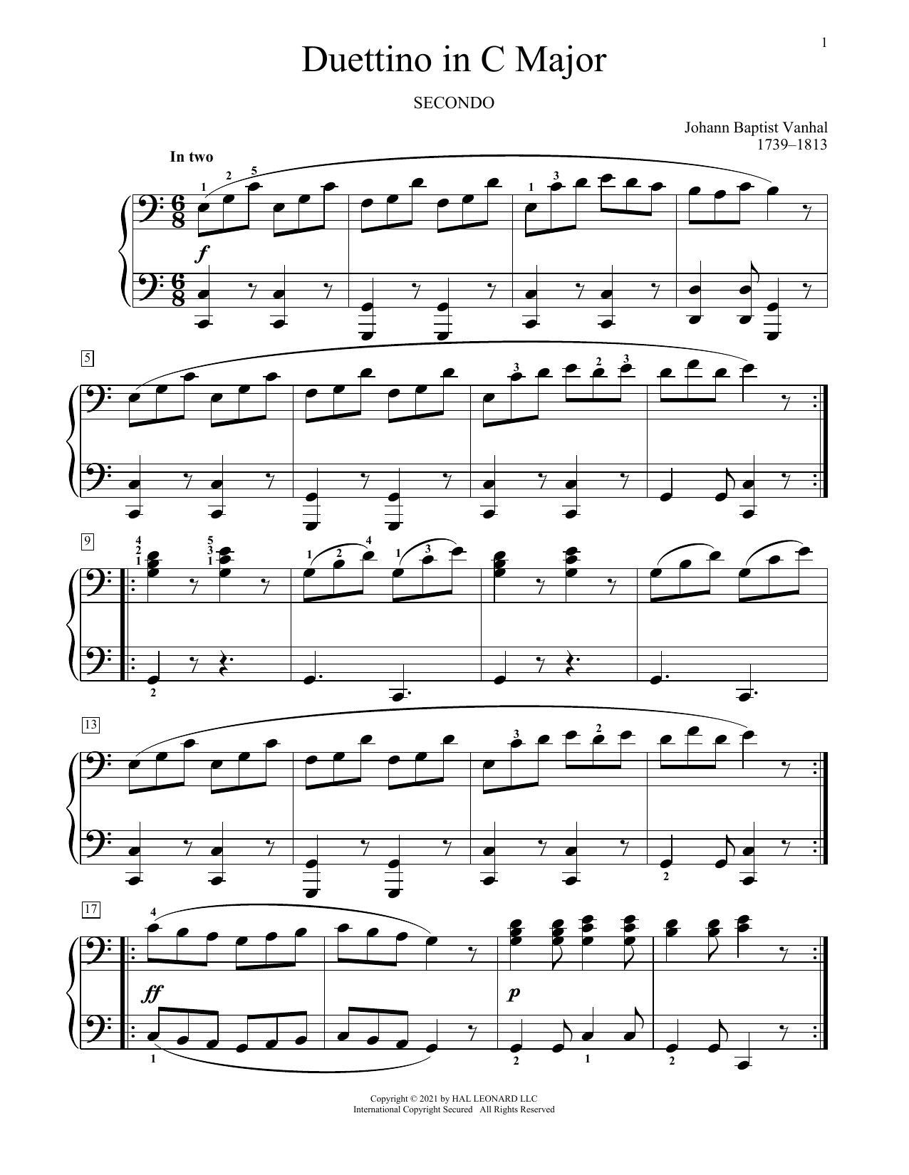 Download Johann Baptist Vanhal Duettino In C Major Sheet Music
