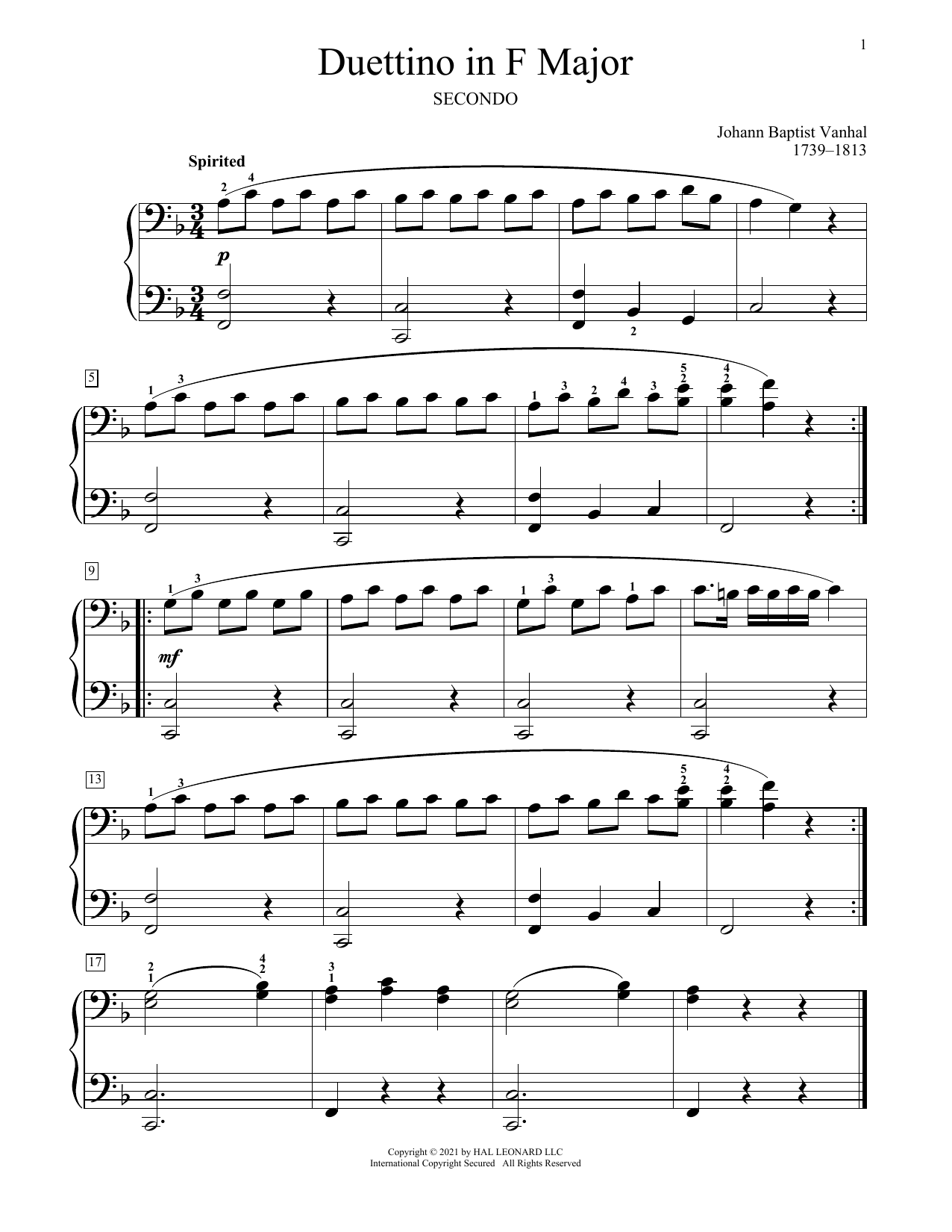 Download Johann Baptist Vanhal Duettino In F Major Sheet Music