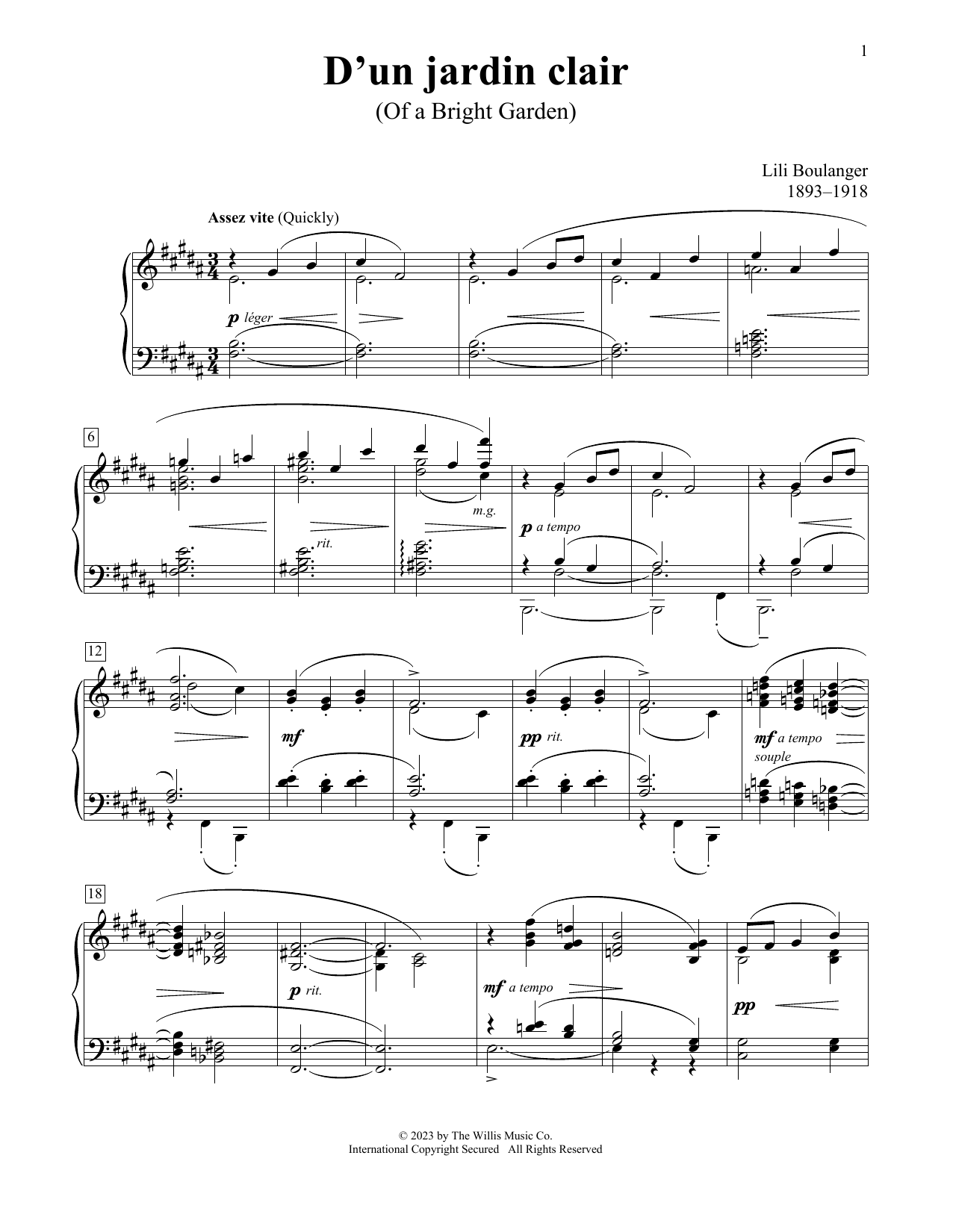 Lili Boulanger D'un Jardin Clair sheet music notes printable PDF score