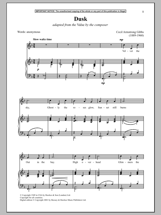 Download Cecil Armstrong Gibbs Dusk (Adapted from The Valse) Sheet Music