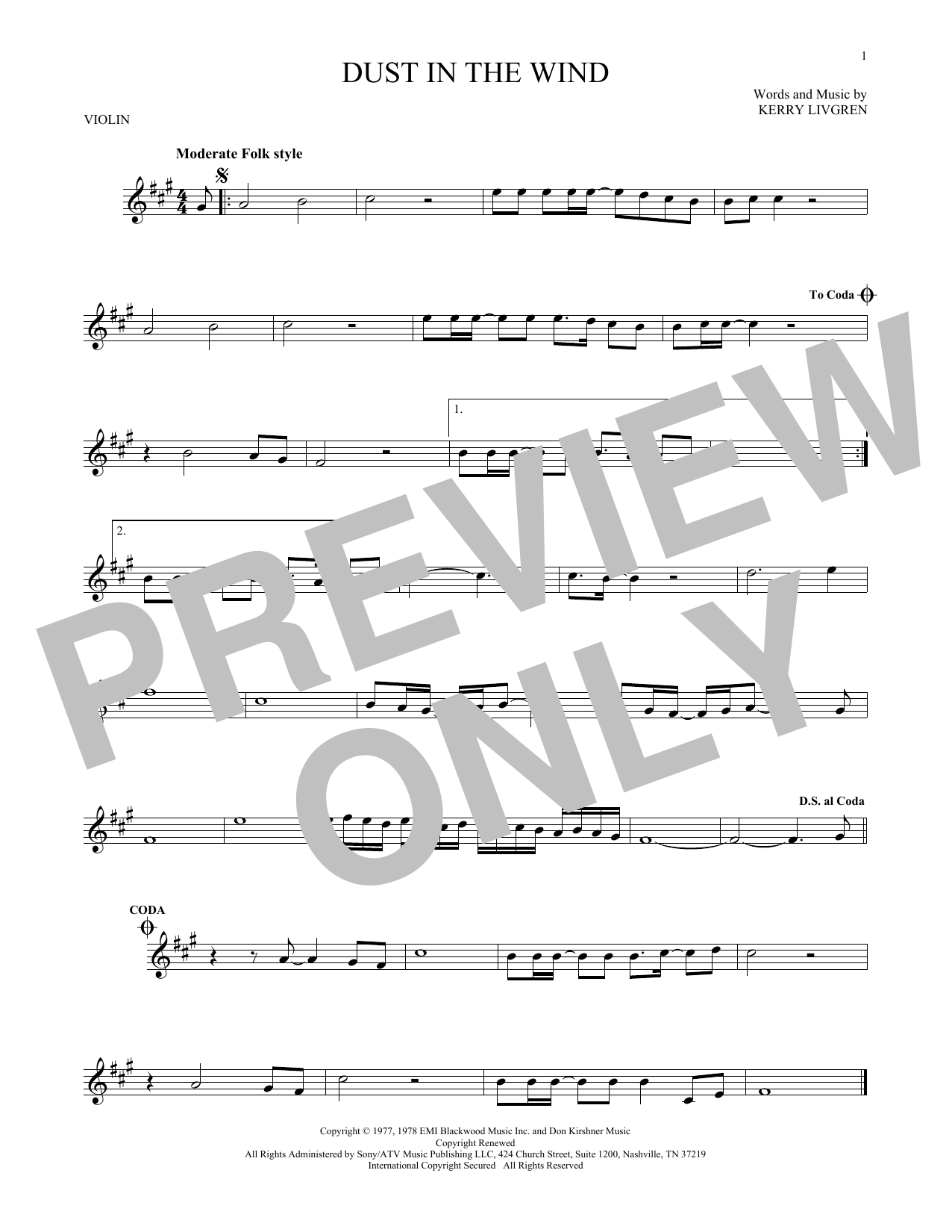 Download Kansas Dust In The Wind Sheet Music