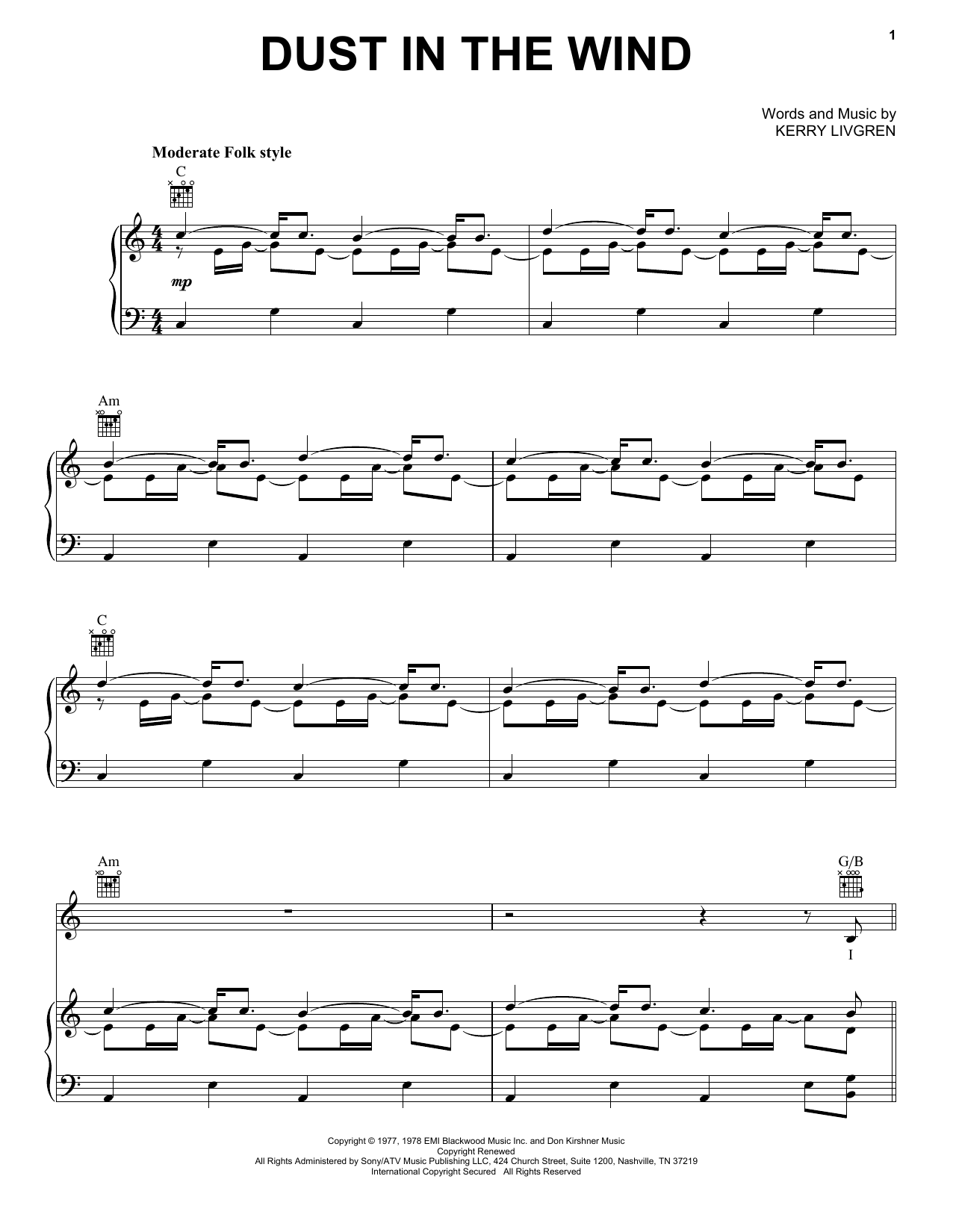 Kansas Dust In The Wind sheet music notes printable PDF score