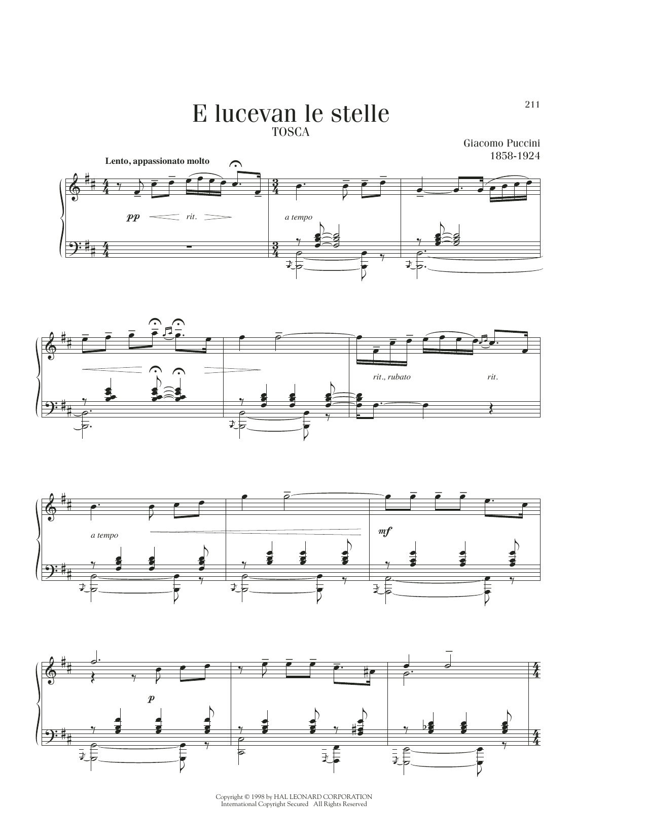 Giacomo Puccini E Lucevan Le Stelle sheet music notes printable PDF score
