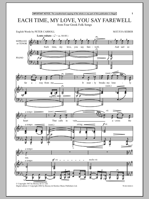 Download Matyas Seiber Each Time, My Love, You Say Farewell (f Sheet Music