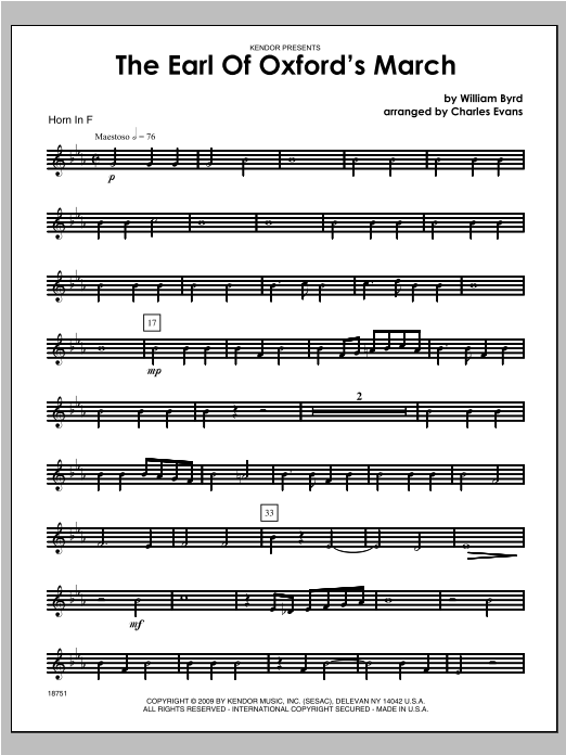 Download Evans Earl Of Oxford's March, The - Horn Sheet Music