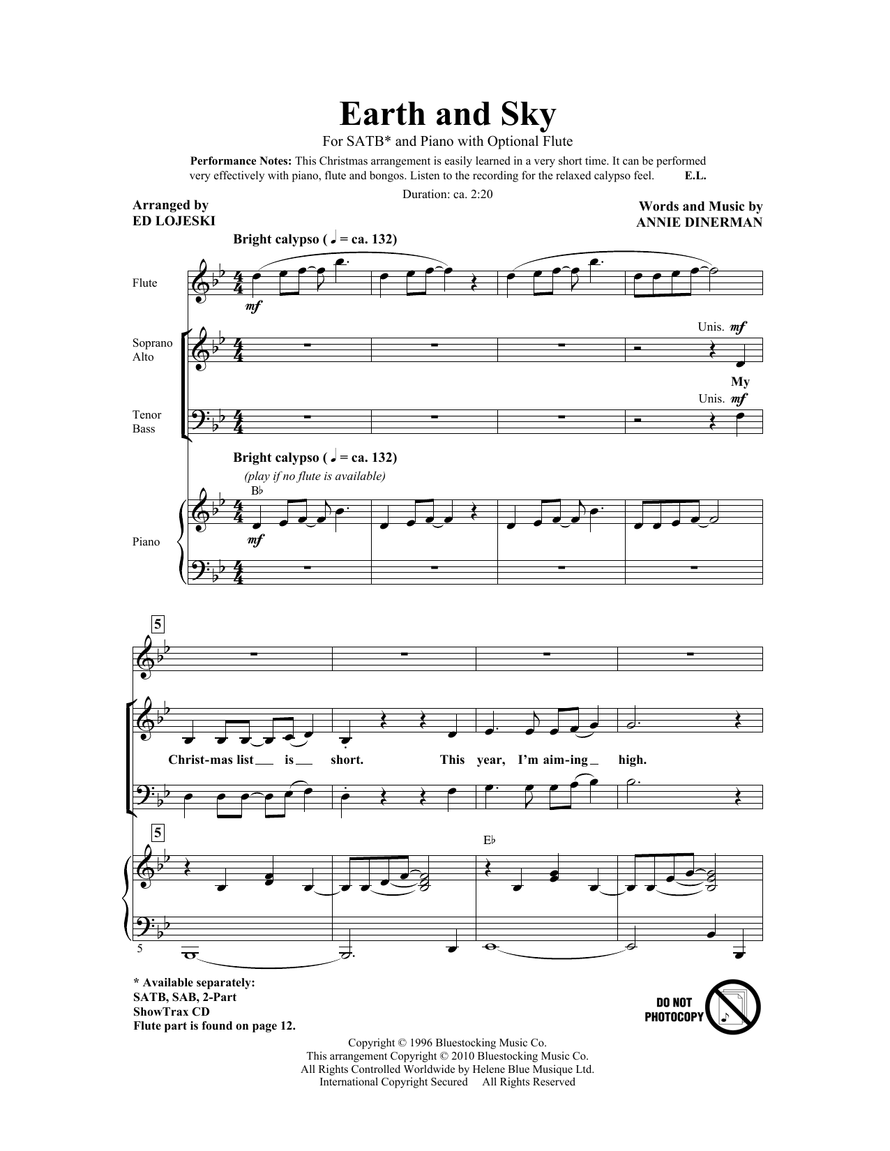 Download Annie Dinerman Earth And Sky (arr. Ed Lojeski) Sheet Music