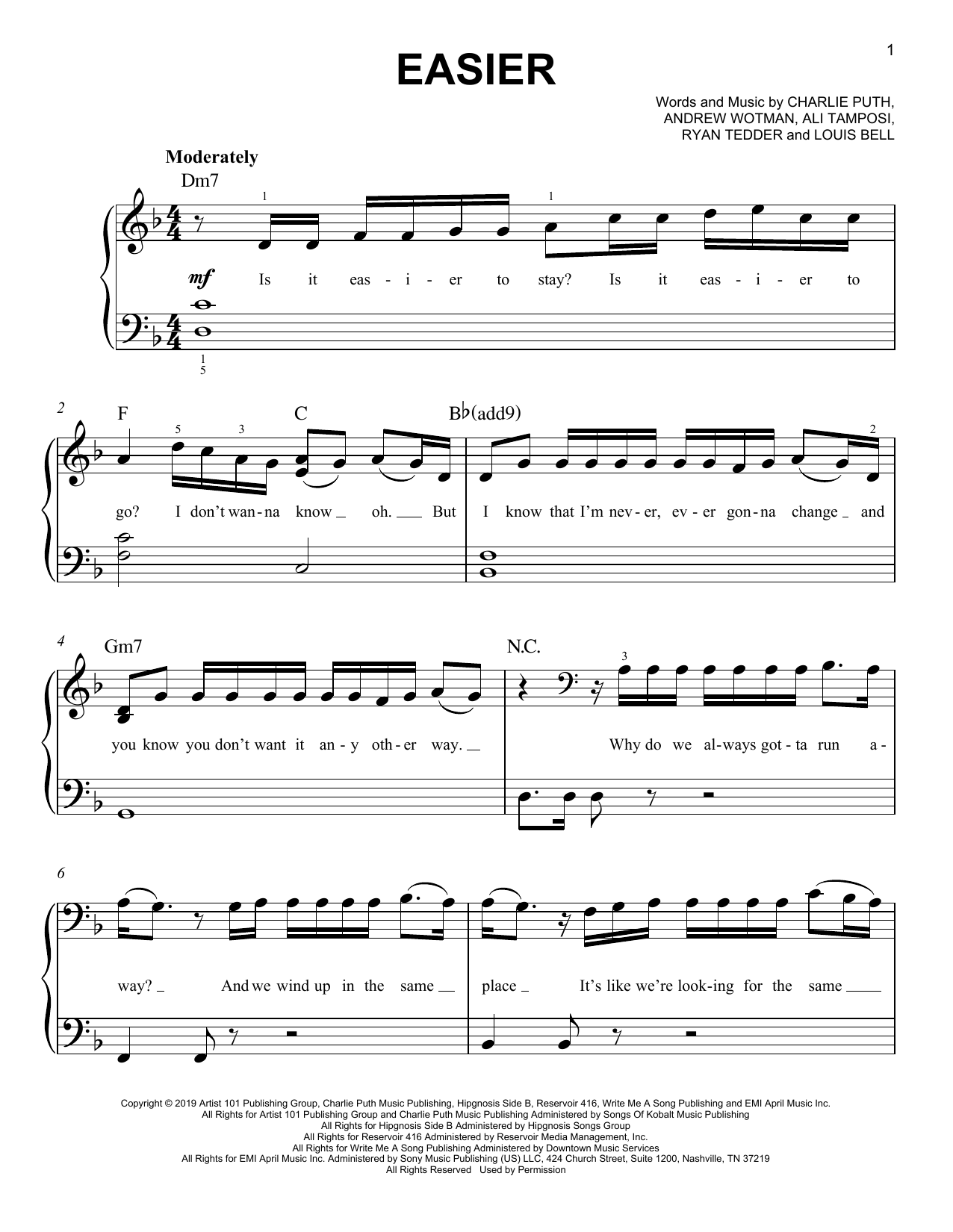 5 Seconds of Summer Easier sheet music notes printable PDF score