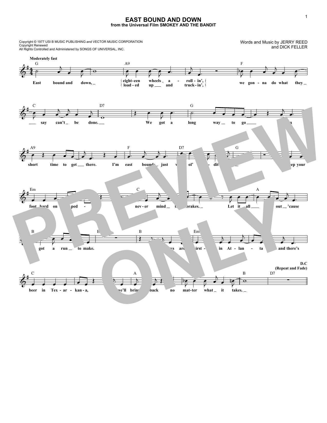 Download Jerry Reed East Bound And Down Sheet Music