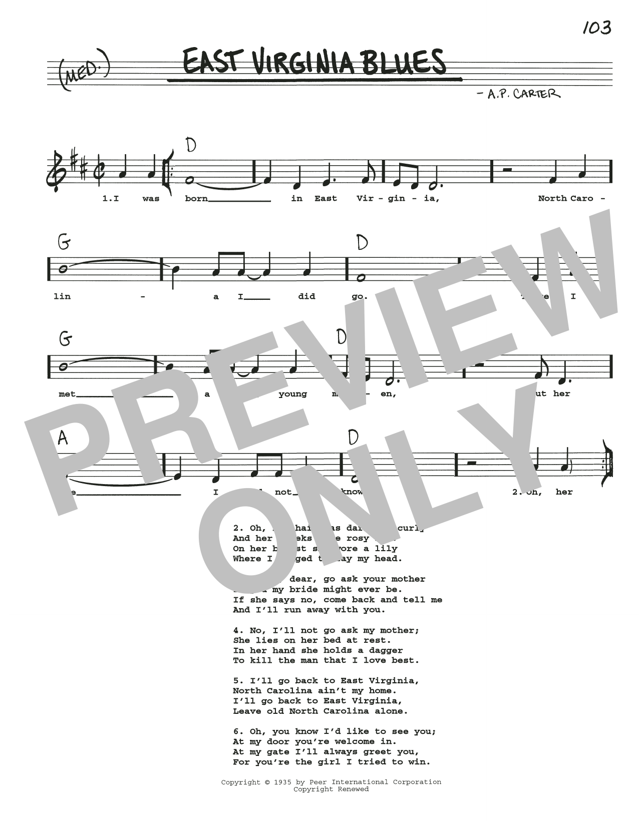 Download The Carter Family East Virginia Blues Sheet Music