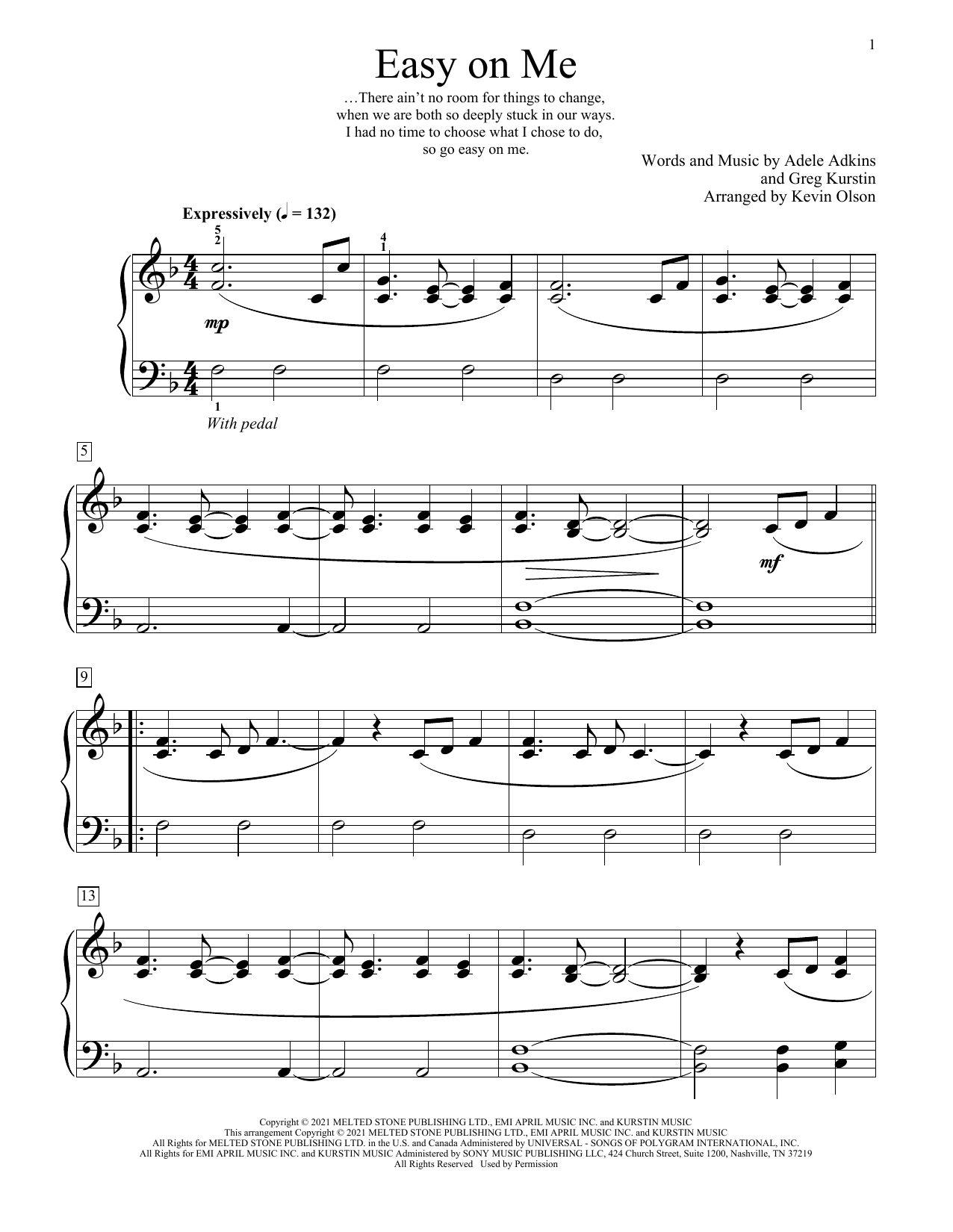 Download Adele Easy On Me (arr. Kevin Olson) Sheet Music