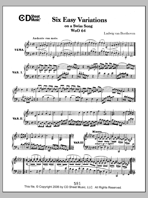 Download Ludwig van Beethoven Easy Variations (6) On A Swiss Song, Wo Sheet Music