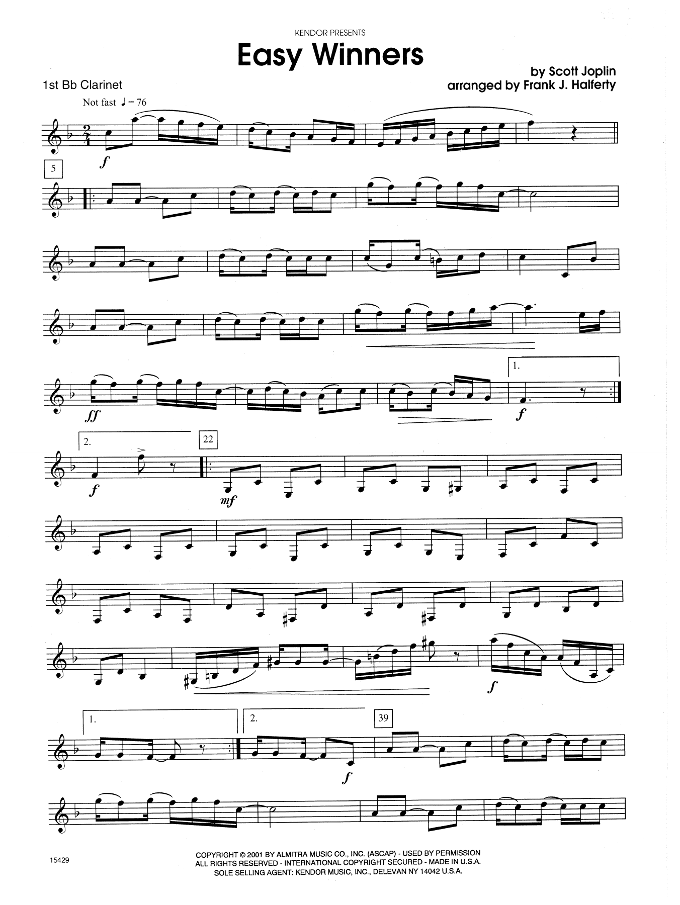 Download Frank J. Halferty Easy Winners - 1st Bb Clarinet Sheet Music