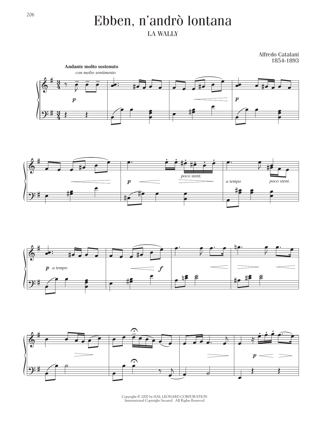 Alfredo Catalani Ebben? Ne Andro Lontana sheet music notes printable PDF score