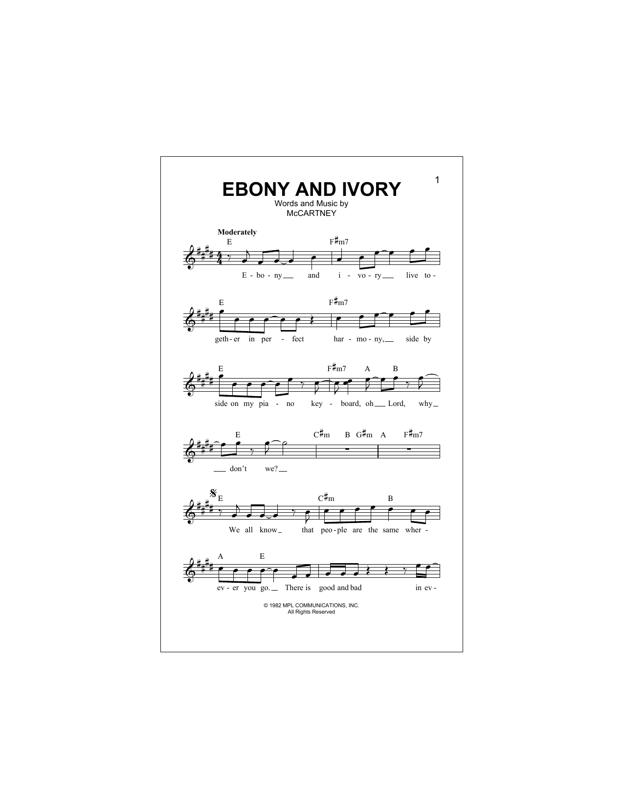 Download Paul McCartney w/Stevie Wonder Ebony And Ivory Sheet Music