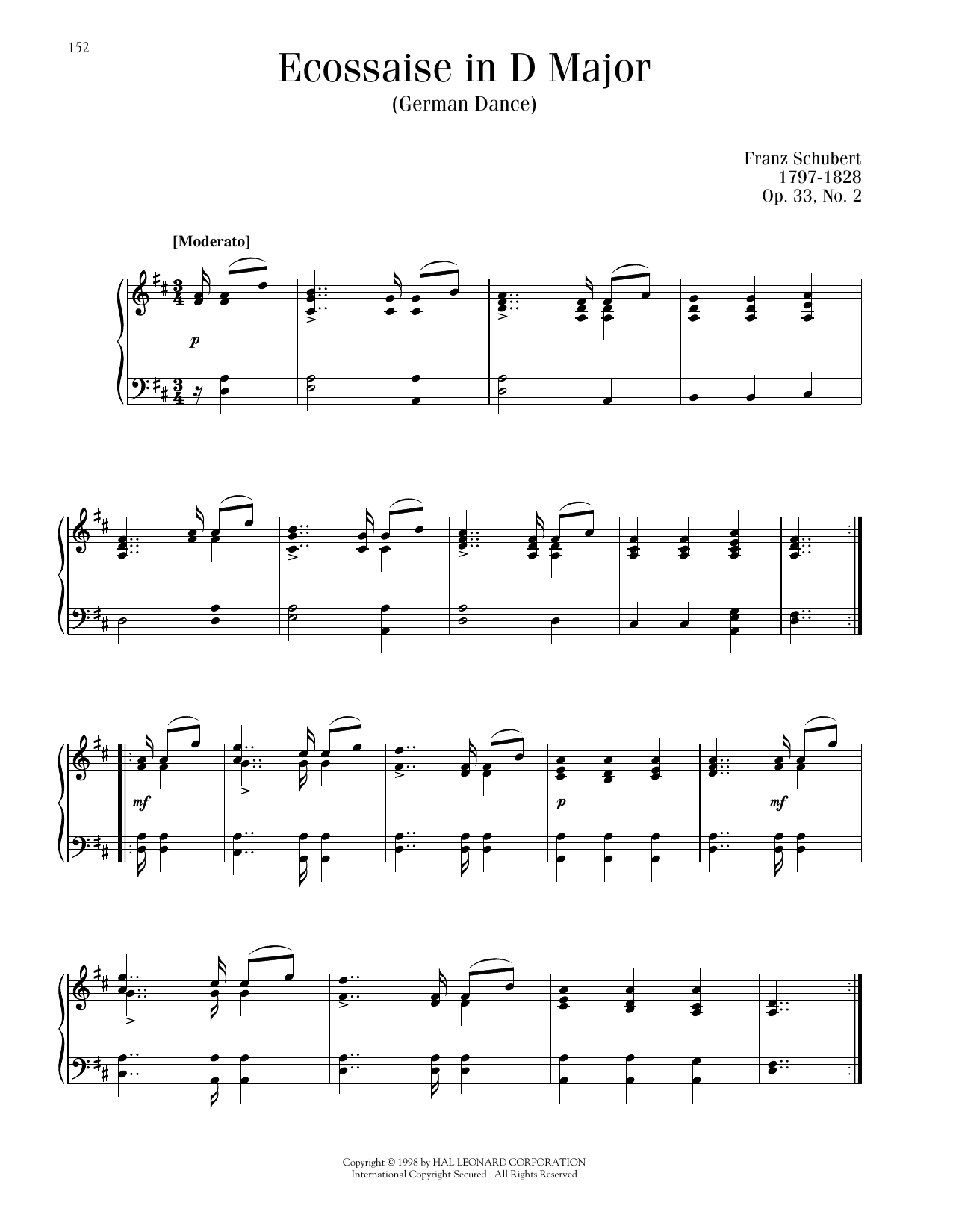 Franz Schubert Ecossaise in D Major, Op. 33, No. 2 (German Dance) sheet music notes printable PDF score