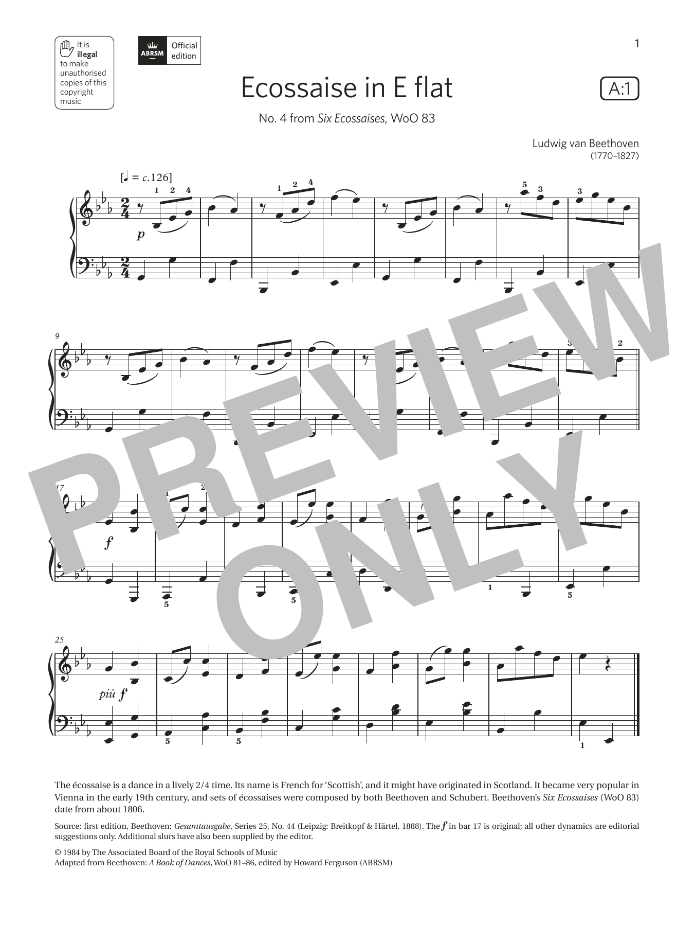 Download Ludwig van Beethoven Ecossaise in E flat (Grade 3, list A1, Sheet Music