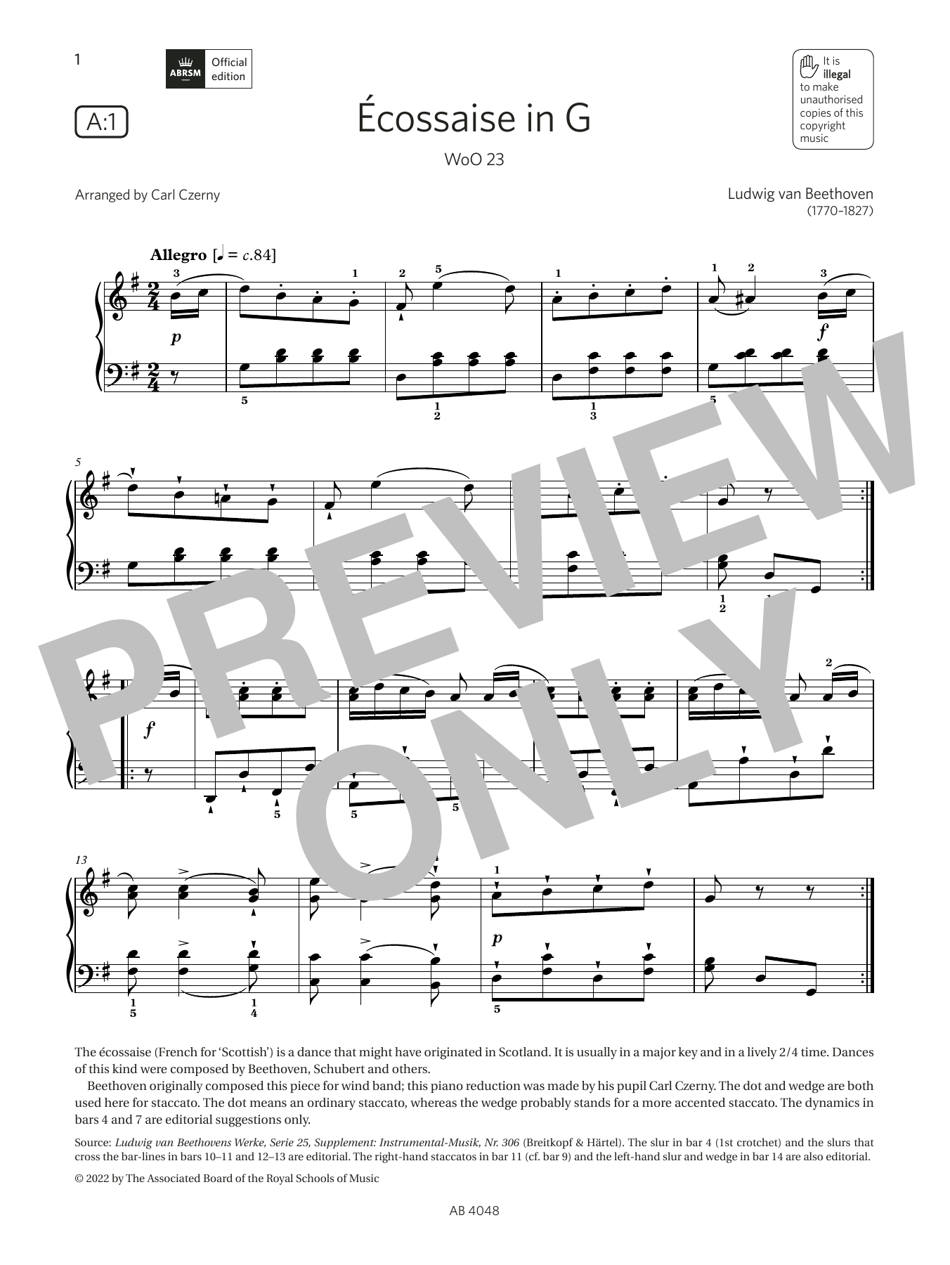 Download Carl Czerny Écossaise in G (Grade 2, list A1, from Sheet Music