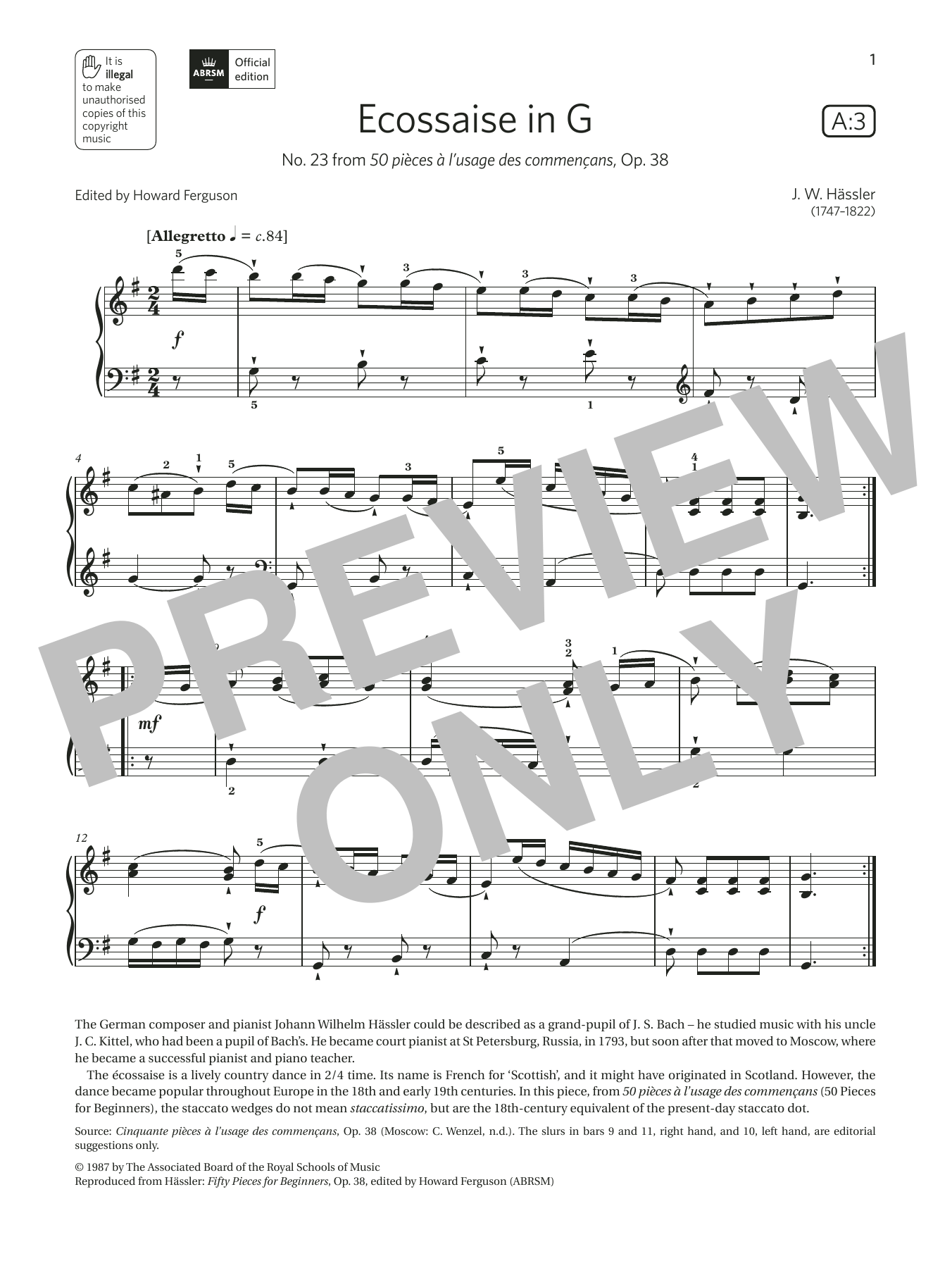 Download J. W. Hässler Ecossaise in G (Grade 2, list A3, from Sheet Music