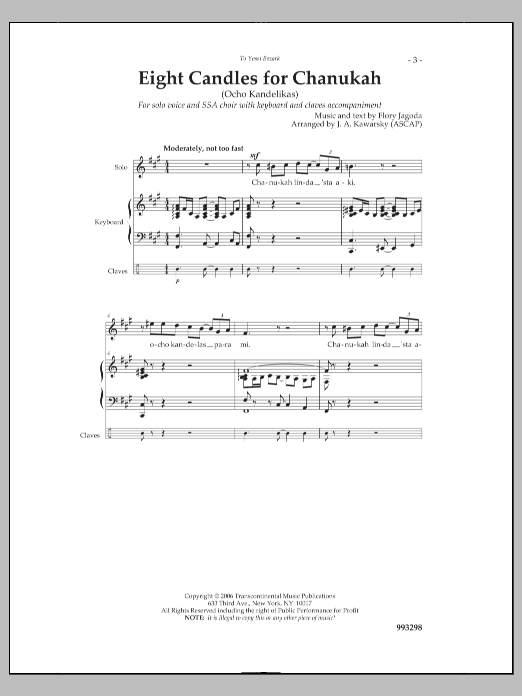 J. A. Kawarsky Eight Candles for Chanukah sheet music notes printable PDF score