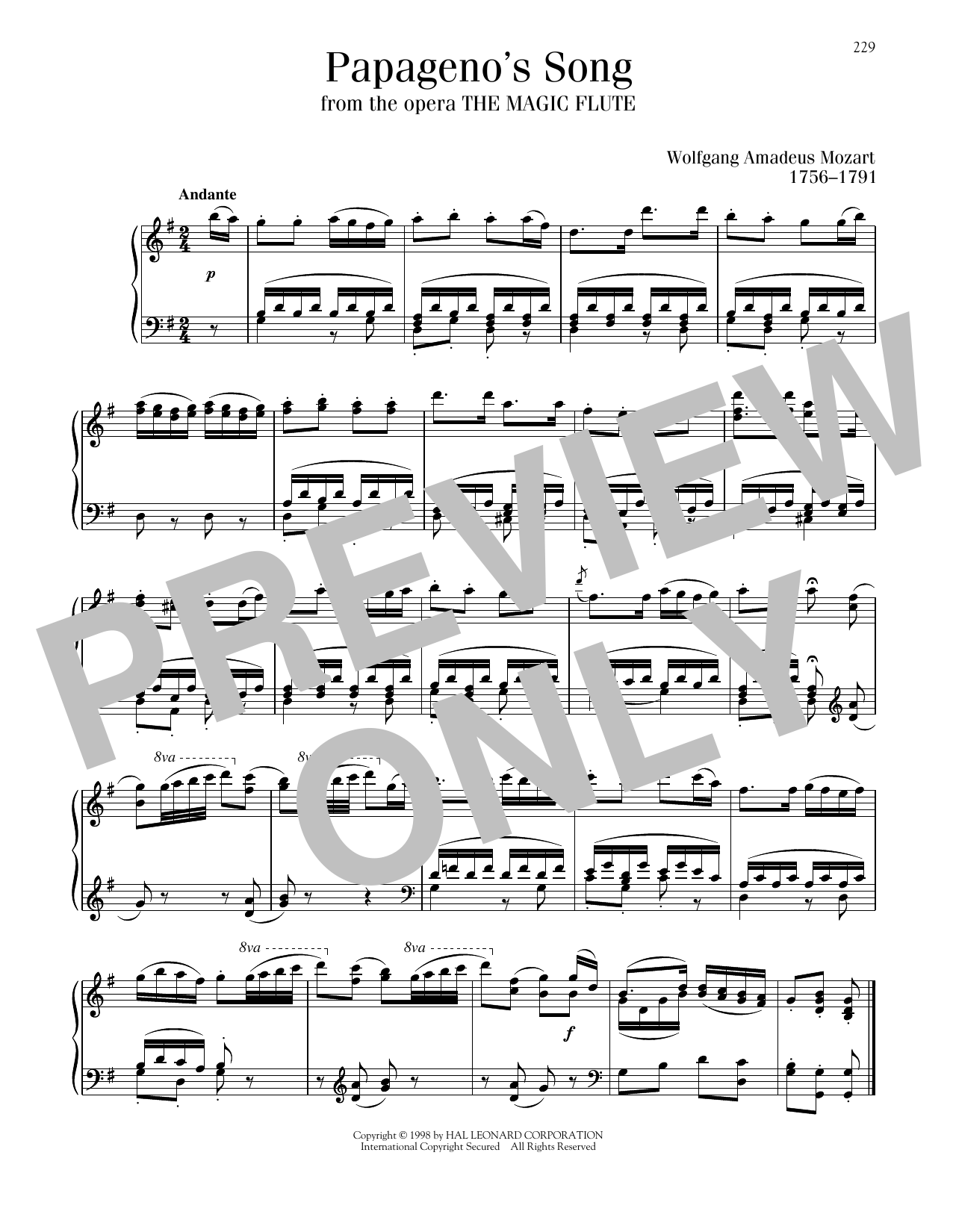 Wolfgang Amadeus Mozart Ein Madchen Oder Weibchen (Papageno's Song) sheet music notes printable PDF score