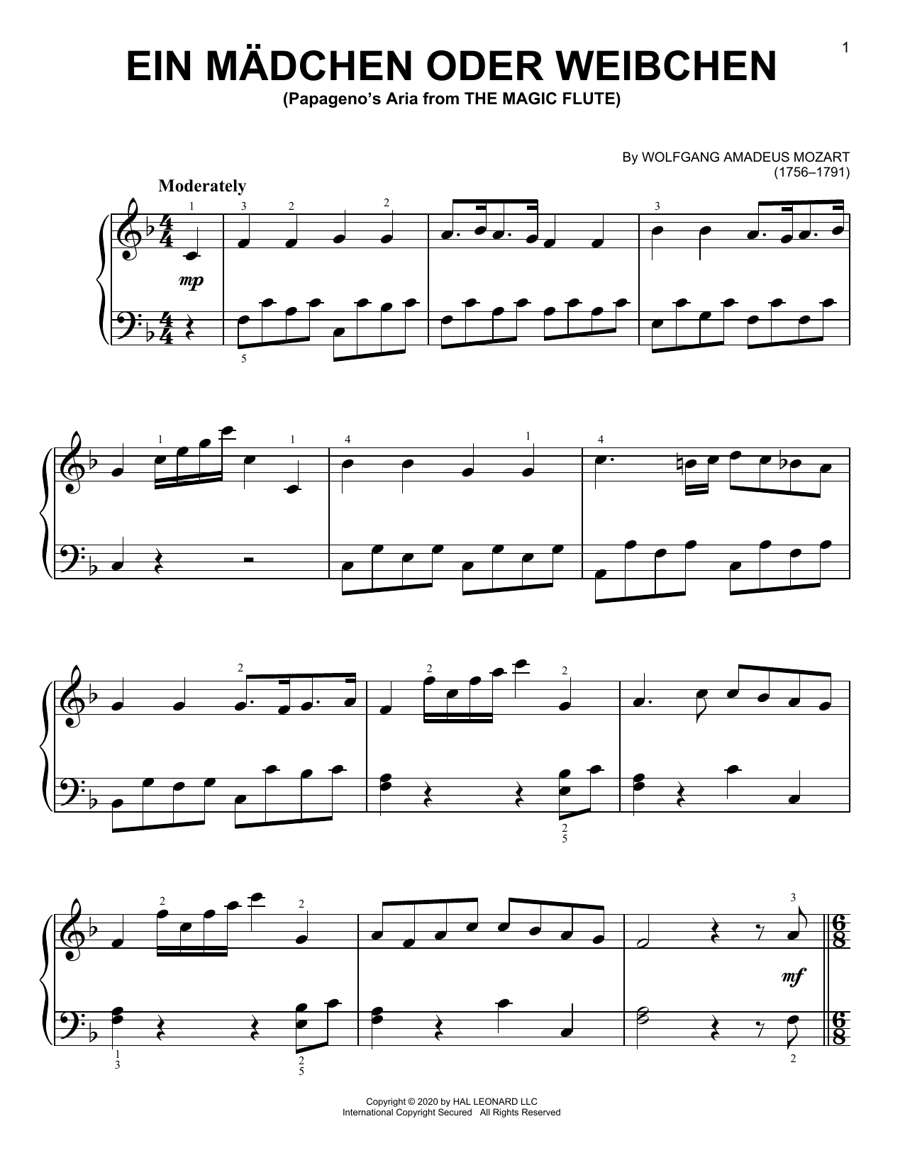 Download Wolfgang Amadeus Mozart Ein Madchen Oder Weibchen Sheet Music