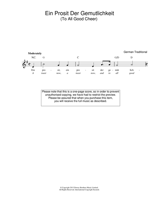 Traditional Ein Prosit Der Gemütlichkeit sheet music notes printable PDF score