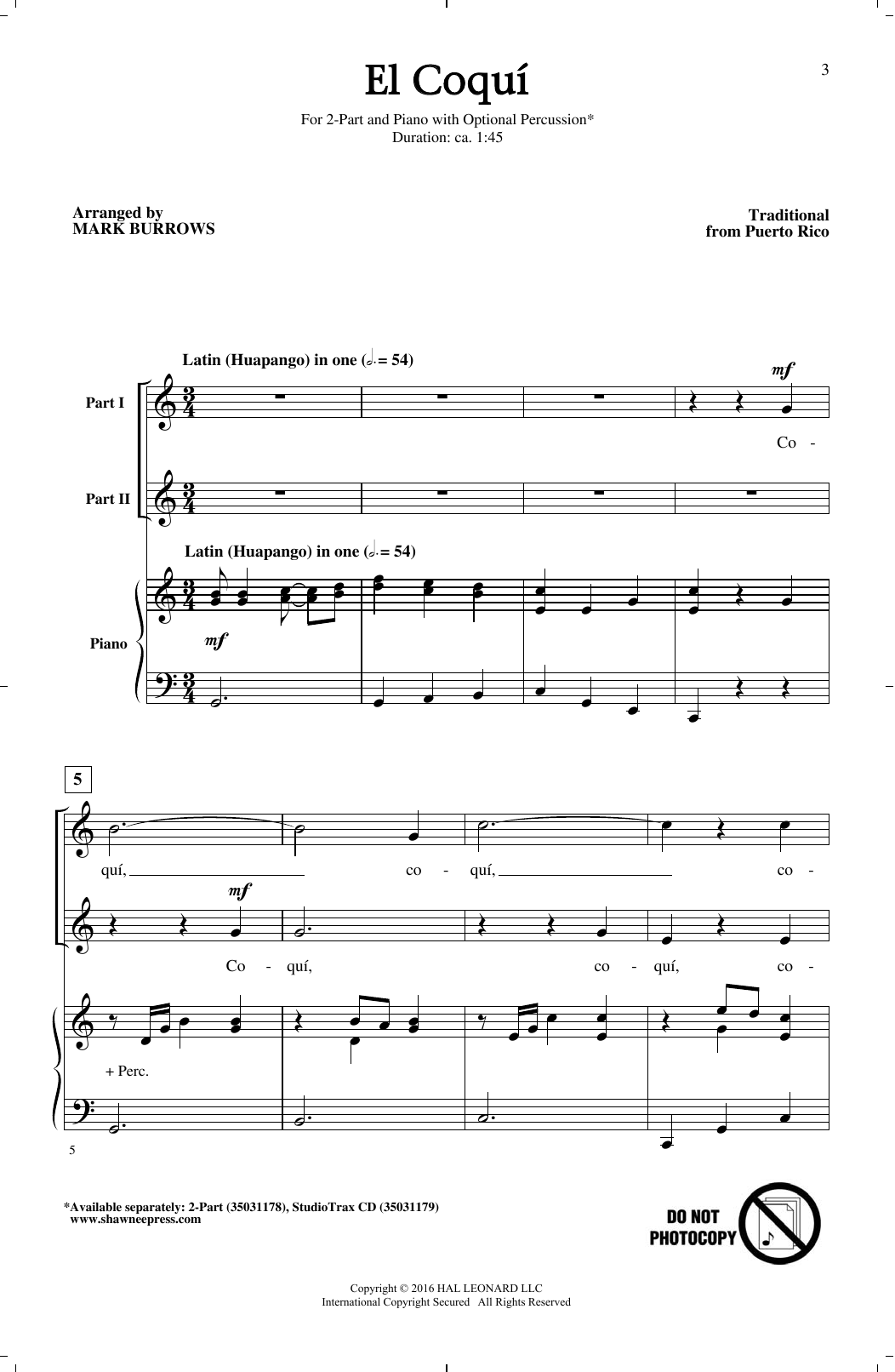 Download Traditional Folksong El Coqui (arr. Mark Burrows) Sheet Music